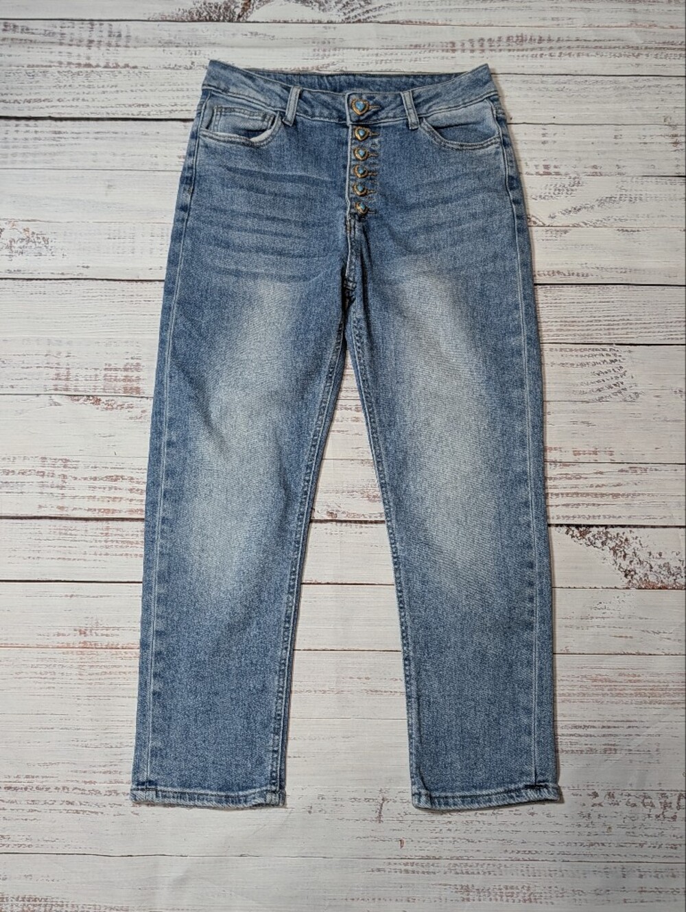 Unique Medium Turquoise Heart Button Fly Straight Leg Jeans Vtg Aesthetic